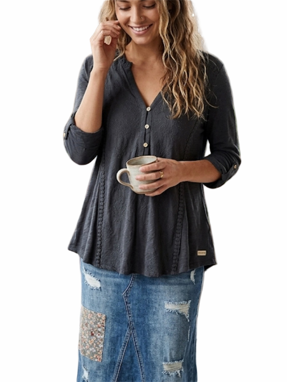 Democracy Navy Embroidered Lace Trim Top Women’s Size M 3/4 Roll Sleeve